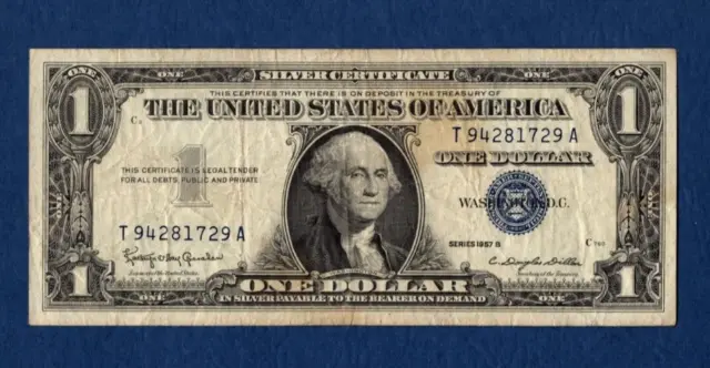 1957B Silver Certificate One Dollar Bill $1 Blue Seal Avg Circulated T94281729A