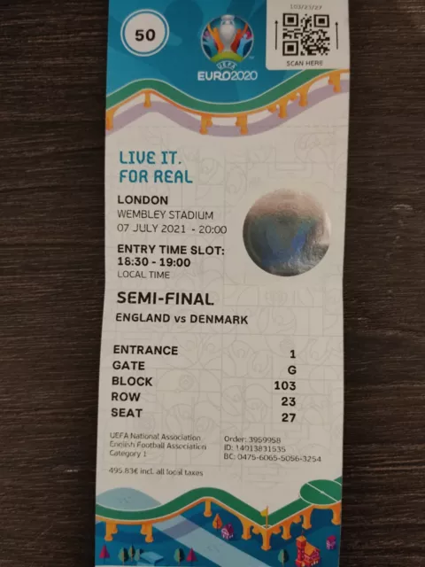 Used Uefa Ticket EM EURO 2020/21 #50 England v Denmark #wembley