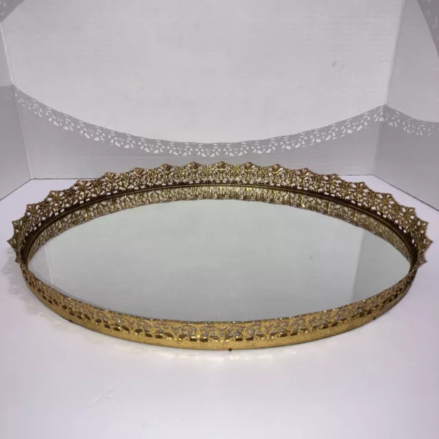 Vintage Large Oval Gold Filigree Mirrored Vanity / Dresser Tray 16x12