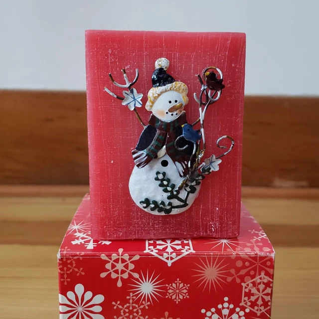 Avon Christmas Square Red Pillar Candle, Tin Snowman Ornament, Holiday Scent New