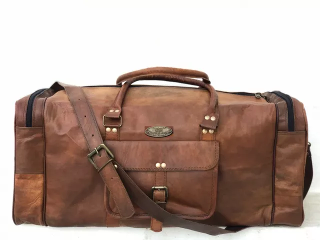 Large Bag Leather Travel Men Duffel Luggage Heavy Zipper Vintage Weekend Brown