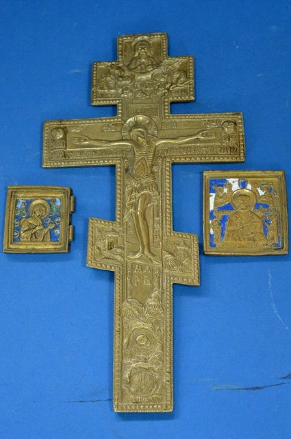 3 Antique Early 20th Century Russian Bronze / Enamel Double Sided Icons,c1920
