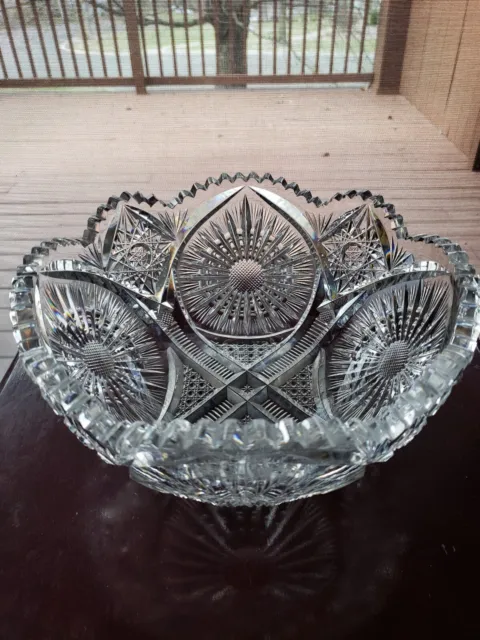 9" Bowl American Brilliant Period Cut Glass antique Crystal "SUNBURST" Hobstars