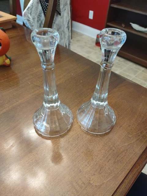 Vintage Pair Candlestick Holders Glass 7.75 Inch Tapered Middle Rounded Facets