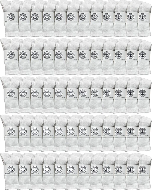 60 PK of Premium Cotton Kids Crew Socks White Size 6-8 Boys Crew Sock