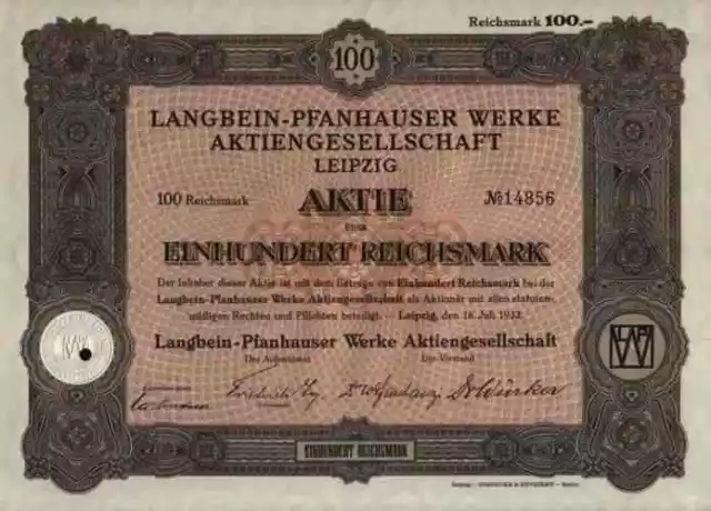 Langbein Pfanhauser 1932 Leipzig Solingen Düsseldorf Neuss 100 RM DOAG VDN