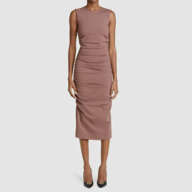 $2095 Dolce & Gabbana Women's Brown Ruched Sleeveless Jersey Midi Dress Size 40