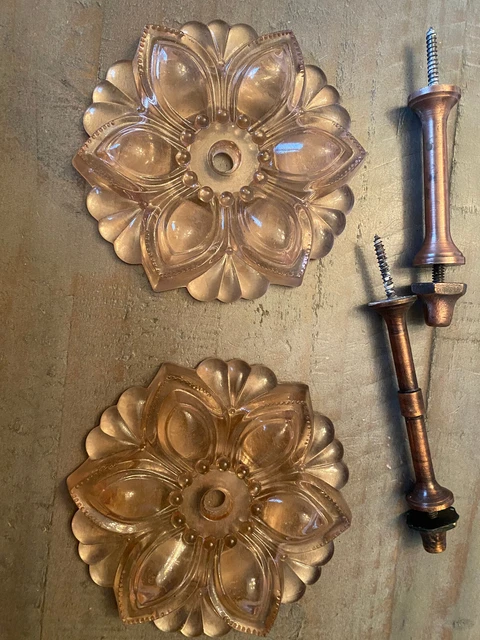 2 Vintage Pink Glass Victorian Style Curtain Drapery Tie Back Floral Medallion 3