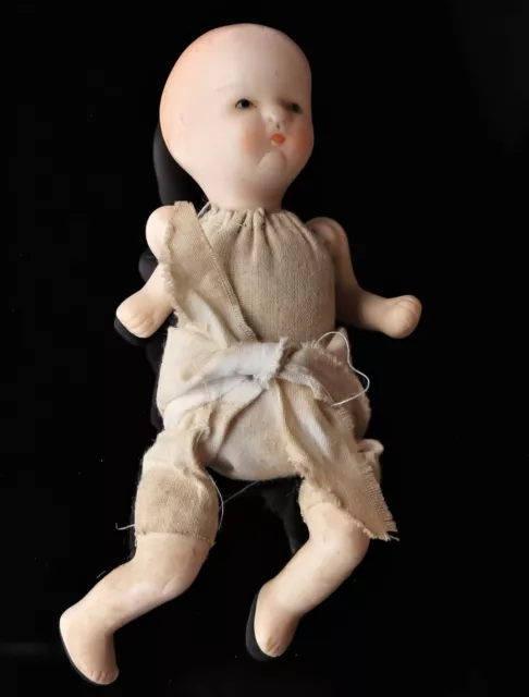 Antique Mini Bisquit Bisque Porcelain 4 1/2" Cloth Body Baby Doll