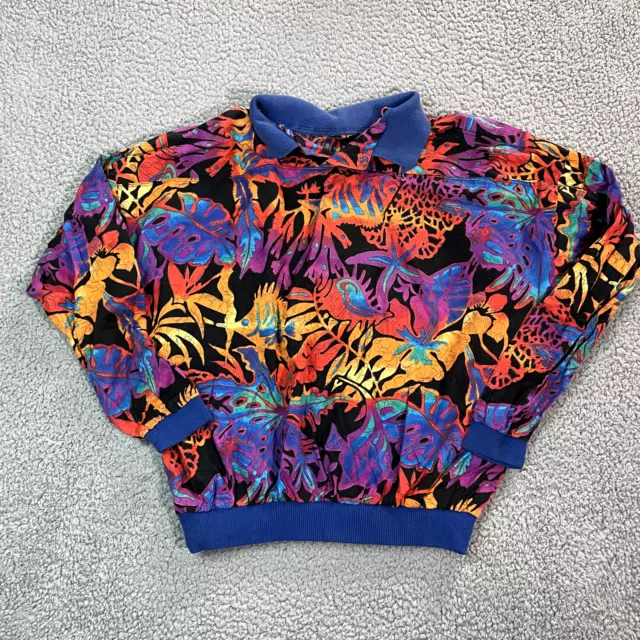 Vintage Hawaiian Polo Shirt Women's Long Sleeve Blue Floral Medium 80s 90s