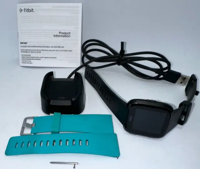 Fitbit Versa Fitness Watch /Tracker Bundle W/ Sm & L Band/Charger/Manual Fb504