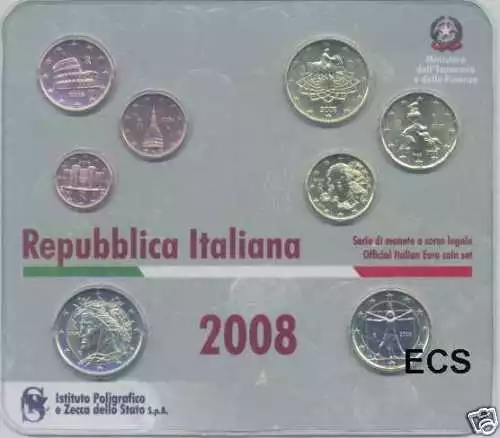 Italien offiz. Euro-KMS 2008 BU/stgl. 8 Münzen neue Rückseiten