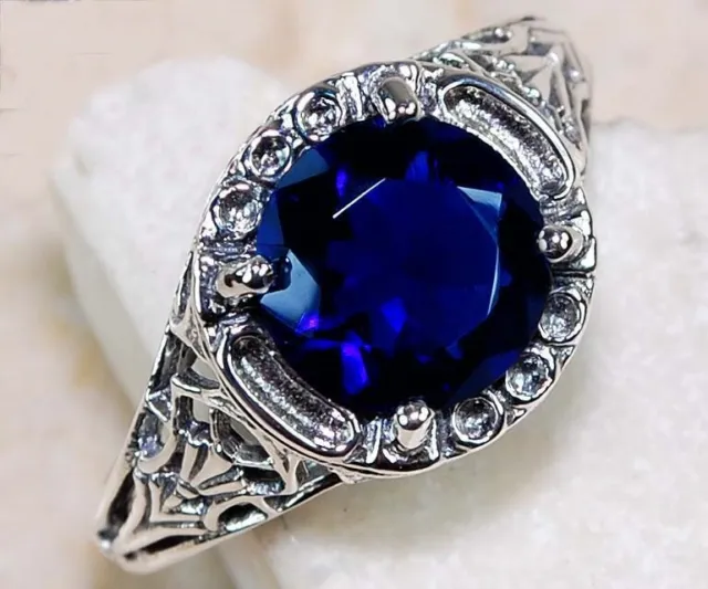 1 KT natürlicher blauer Saphir 925 Sterlingsilber viktorianischer Stil Ring Gr. 6 FB1-7