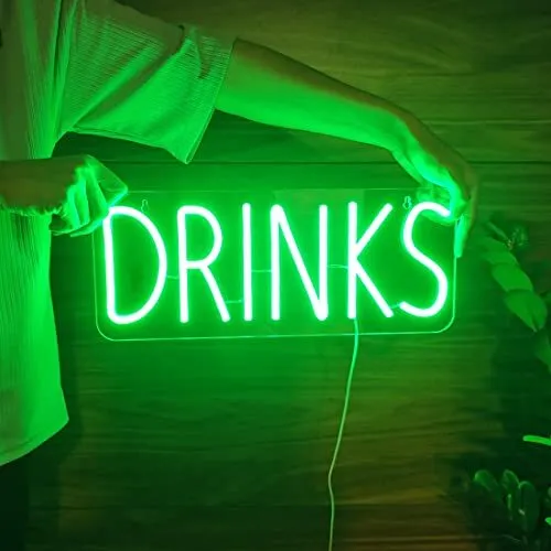 DRINKS Neon Sign for Home Bar Gather Welcome Birthday Party Green DRINKS