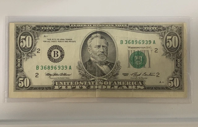 1993 $50 Fifty Dollar Bill Federal Reserve Error New York Miscut Misaligned
