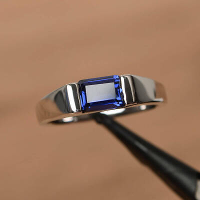 1.80Ct Emerald Cut Blue Sapphire Lab-Created Wedding Ring 14K White Gold Over