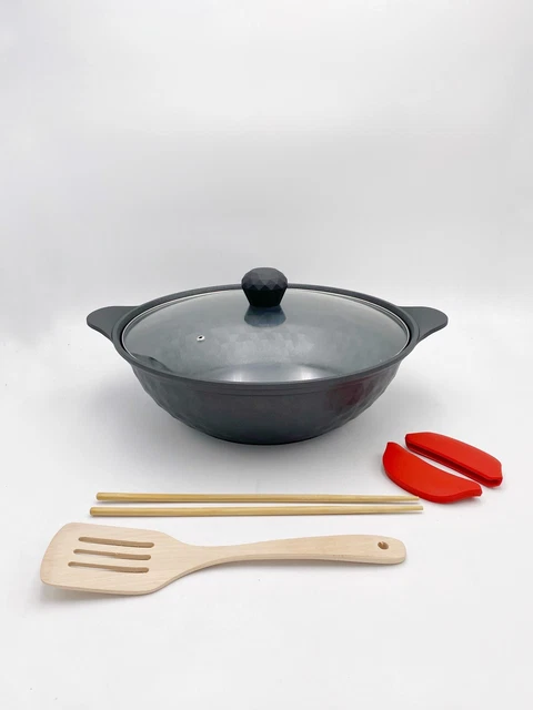 Wok In Acciaio Al Carbonio 33 Cm Con Manico In Legno - Ideale Per Cucina A Gas, Stir-Fry E Vaporiera - Foto 8