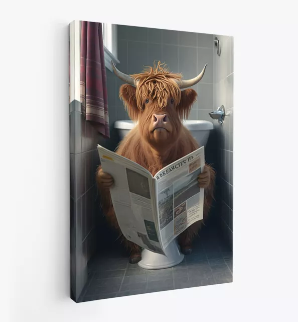 Highland Cow Reading Paper On Toilet Funny Canvas Print Wall Art Décor Picture