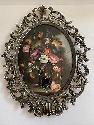 Two Vintage Colorful Picture Frame of Flowers Made in Italy Oval Ornate Glass