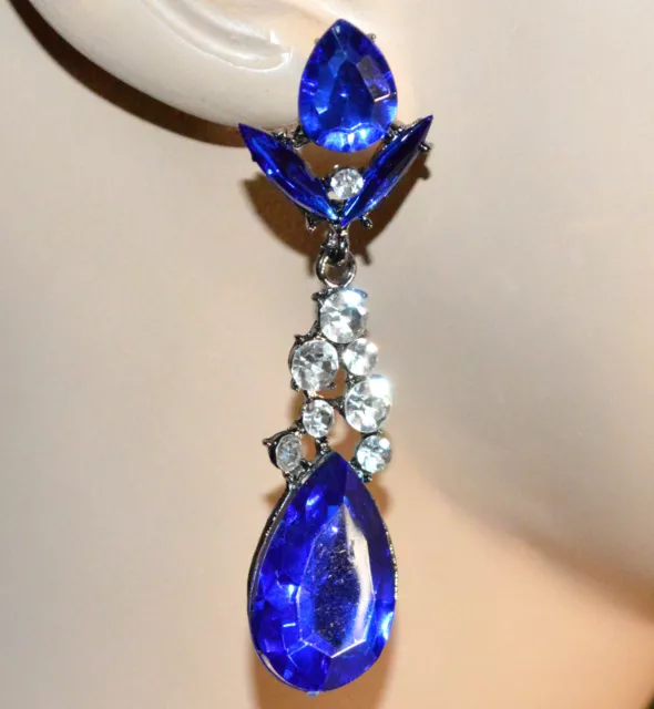 Orecchini donna grigio cristalli blu pendenti lunghi strass brillantini UA27