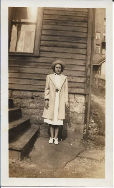 Lady Photograph Vintage Fashion Building 1928 Dress Coat Hat 2 3/4 x 4 5/8