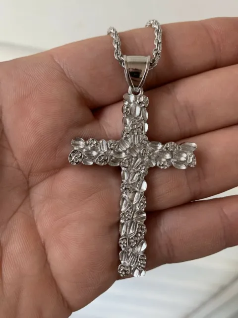 Mens Large 2.25" Solid 925 Sterling Silver Nugget Cross Pendant Crucifix Chain