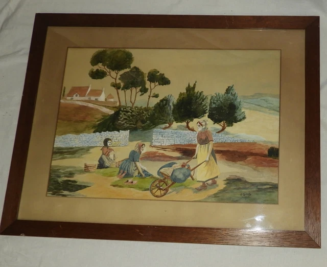 TABLEAU PEINTURE AQUARELLE Originale Par Jenny Paysage Personnages 1859