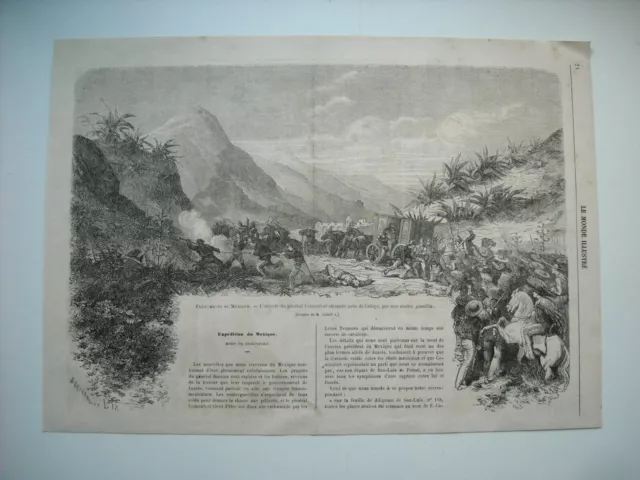 Gravure 1864. Expe Mexique. L'escorte Du General Comonfort Attaquee Pres Celaya.