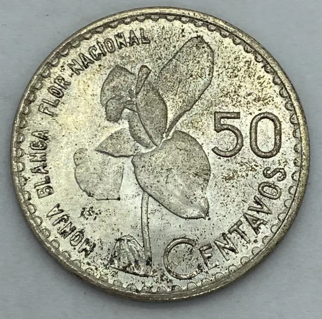 1963 Guatemala - 50 Centavos - White Nun Orchid - Bu Silver Coin