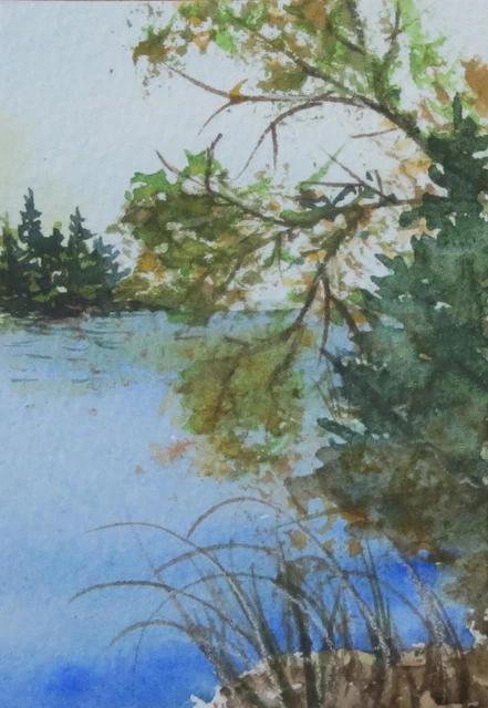 ACEO  Original Watercolors   "Autumn Lake" by Janet Hufnagle  ATC