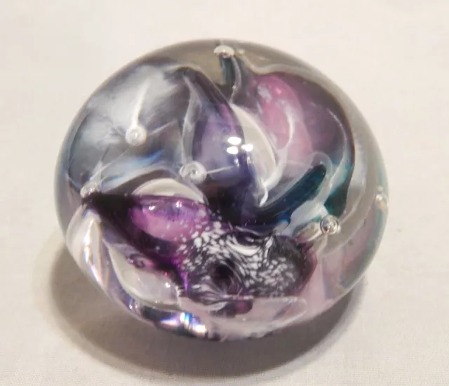 Signed Art Glass Beautiful Purple Round Paperweight