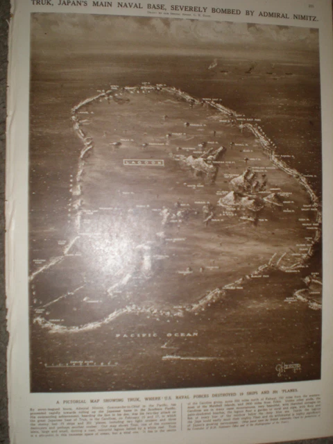 WWII pictorial map Truk Japan main naval base 1944 print ref AO