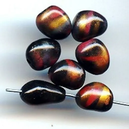 24 VINTAGE "DYNASTY" RED GOLD BLACK SWIRL ACRYLIC 11x8mm. NUGGET BEADS 5448