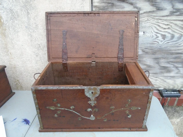 Antique Primitive Oriental Solid Wood Ornate Carved Box Chest Trunk 26X14X13"