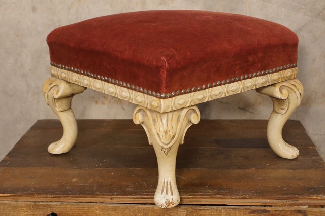 Antique Ottoman Foot Stool 14" by 17" Carved Wood Artist Name Date Tag Velvet