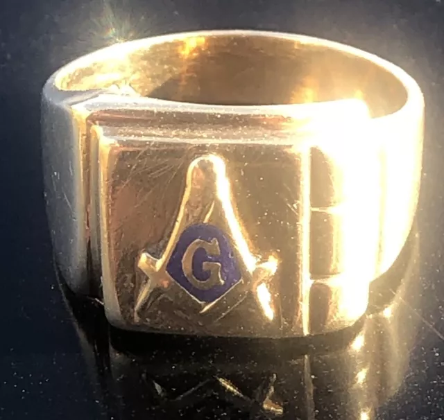 10k SOLID Gold Free Mason Masonic Enamel Ring SZ 10 3/4 Compass Square VINTAGE! 2