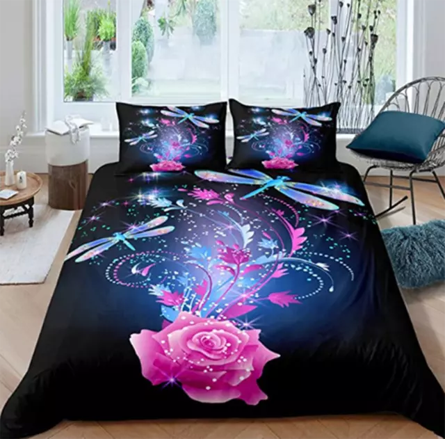 3D Rose Dragonfly Dream Duvet Cover Bedding Set Doona Quilt Cover Pillow Case