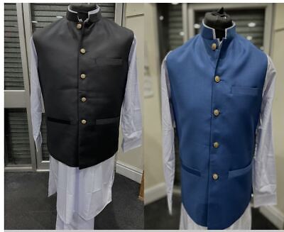 Mens Eid party Weeding Waistcoat Jacket Asian Indian Pak Plain suiting material
