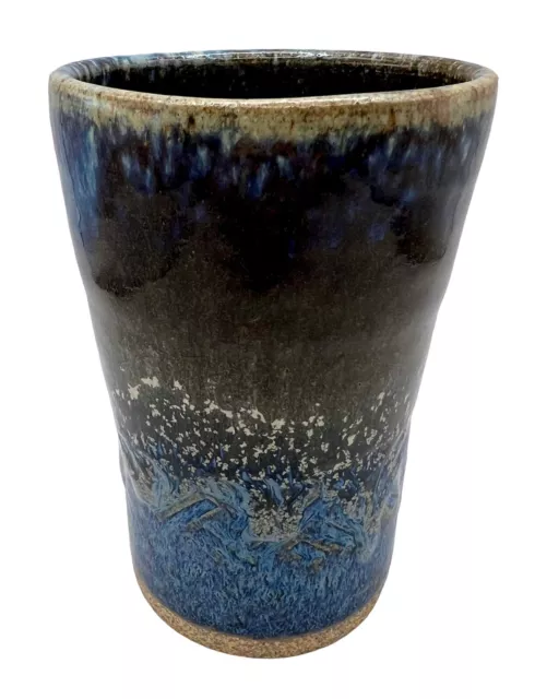 Signed Studio Art Pottery Tumbler Vase Blue Black Drip Glaze Textured Leaf Mark