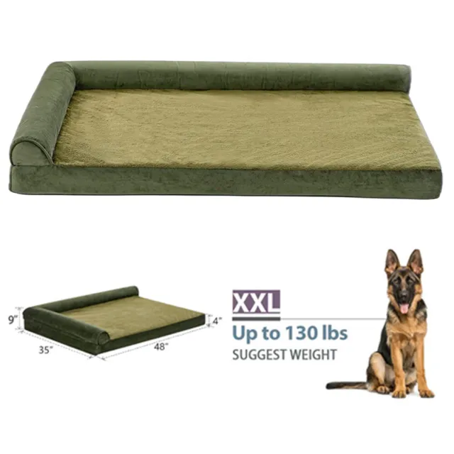 Green Jumbo/48x35" Dog Bed Memory Foam Pet Mattress w/ Removable Cover & Bolster