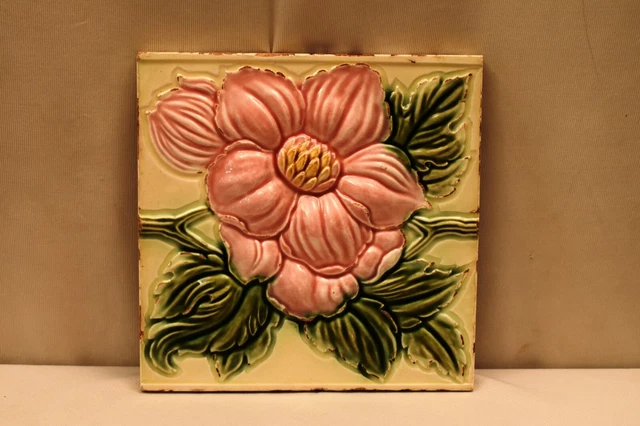 Ancien Carreau Art Nouveau Majolique Dk Japon Céramique Floral Gaufré Feuille "