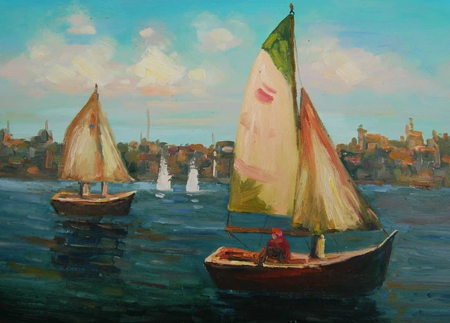 Tableau Huile Sur Toile Marine - Voiliers à Port-Bouet - Signé - Vendu Avec Ou Sans Cadre