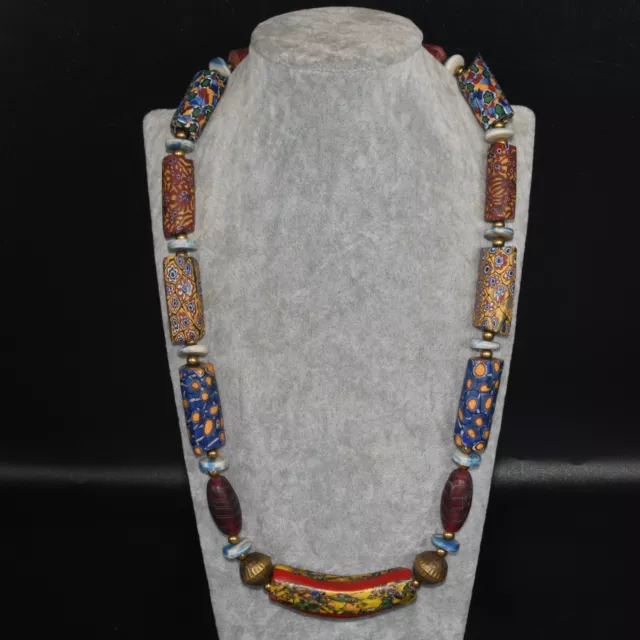 Beautiful Large Ancient Old African Mosaic Gabri Glass Beads Necklace 29 CM