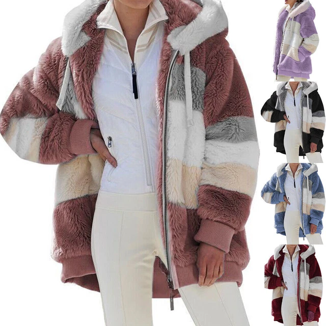 Womens Warm Teddy Bear Fluffy Coat Zip-Up Hoodie Fleece Jacket Outwear Plus Size