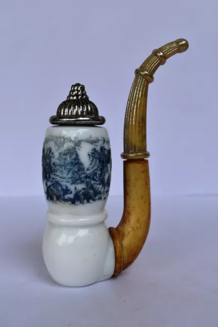 Vintage Empty Avon Milk Glass Dutch Pipe Cologne Bottle With Hunters Design Rare
