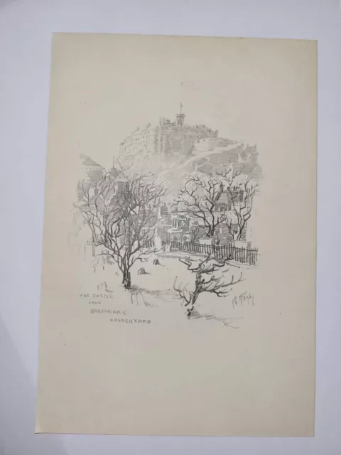 Antique Pencil Drawing Print 1926 Edinburgh Sketch Castle from Greyfriars Church
