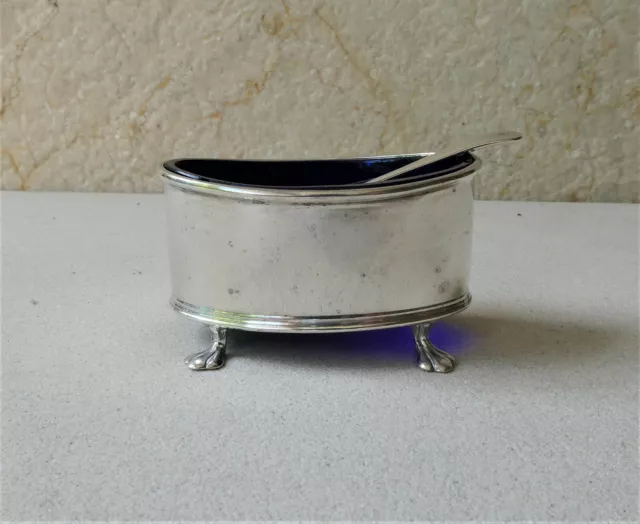 Vintage Art Deco Hallmarked Sterling Silver Open Salt Cobalt Blue Liner & Spoon