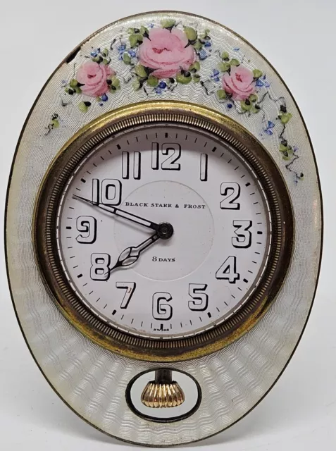 Antique Working 1920s Swiss 8 Day Enameled Floral 15 Jewel Easel Back Desk Clock