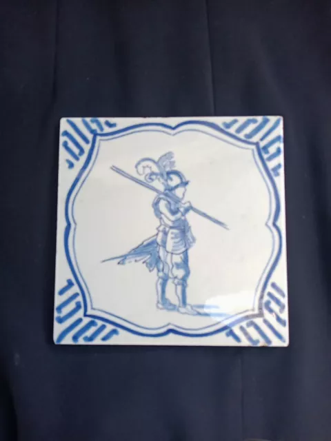 Royal Delft de Porceleyne Fles Blue & White Dutch Knight Soldier Tile 1964