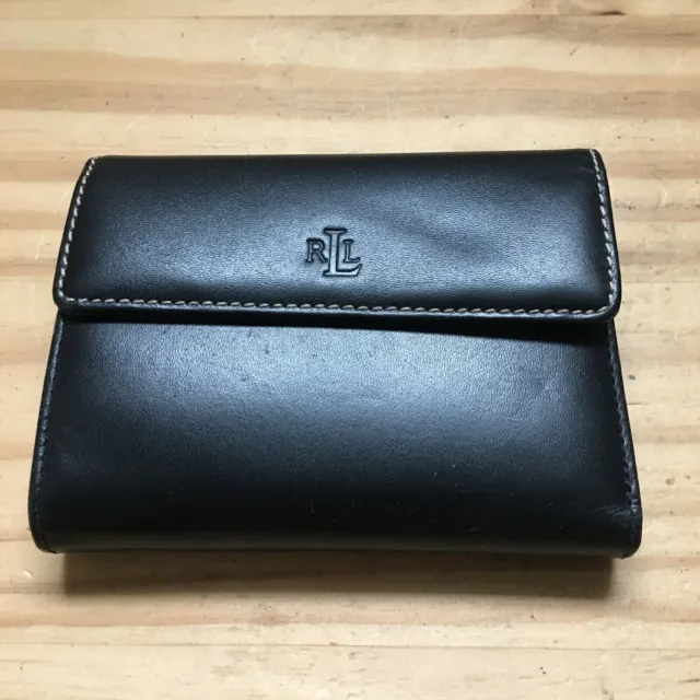 Vintage Lauren Ralph Lauren Black Leather Tri-Fold Wallet ID Card Holder Italy